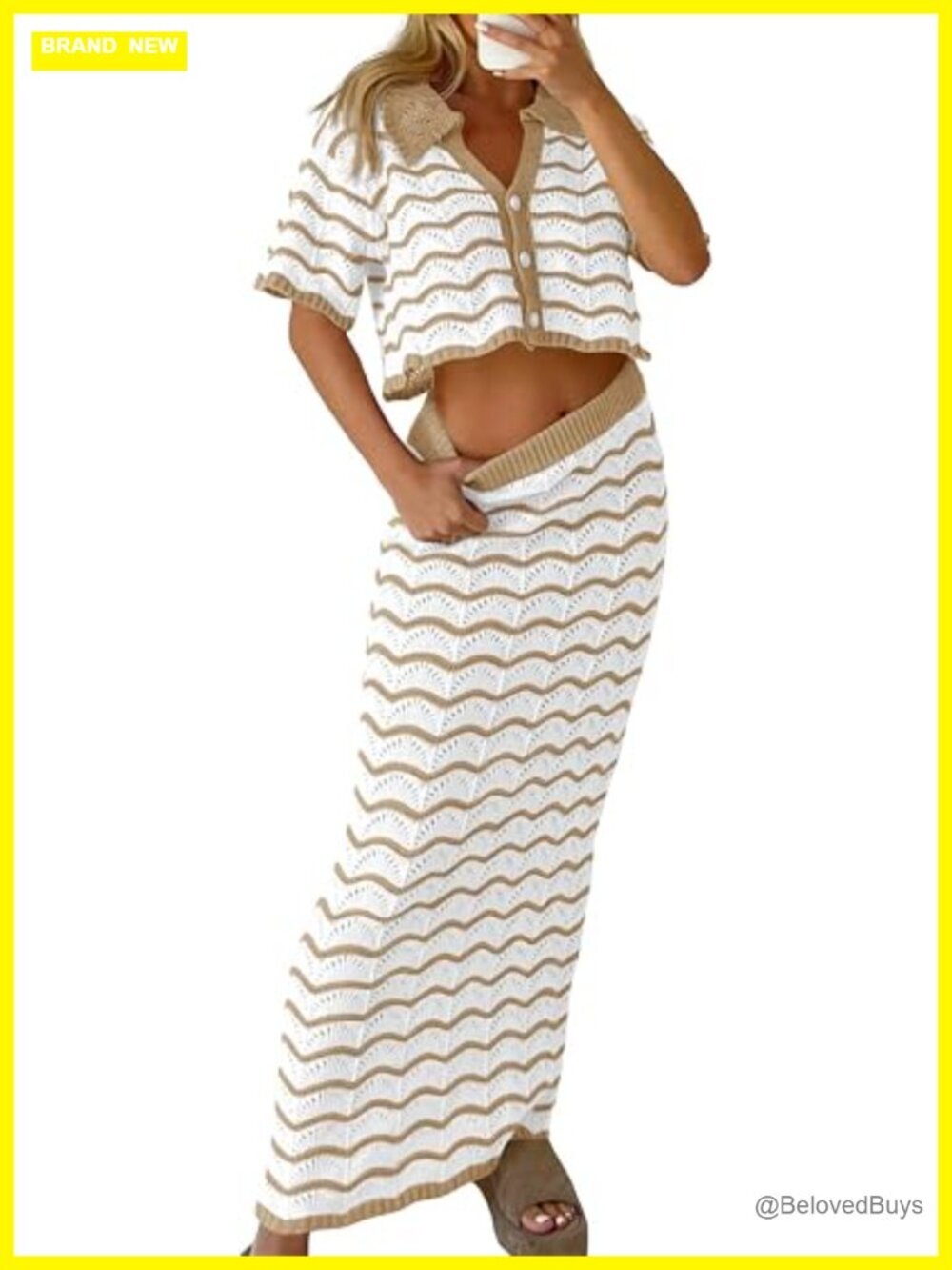 Striped Crochet Button Down Crop Top & Maxi Skirt 2 Piece Outfit